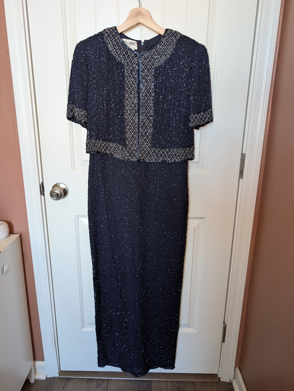 Vintage Brilliante Silk and Beaded Evening Dress Women’s Medium Petite Navy